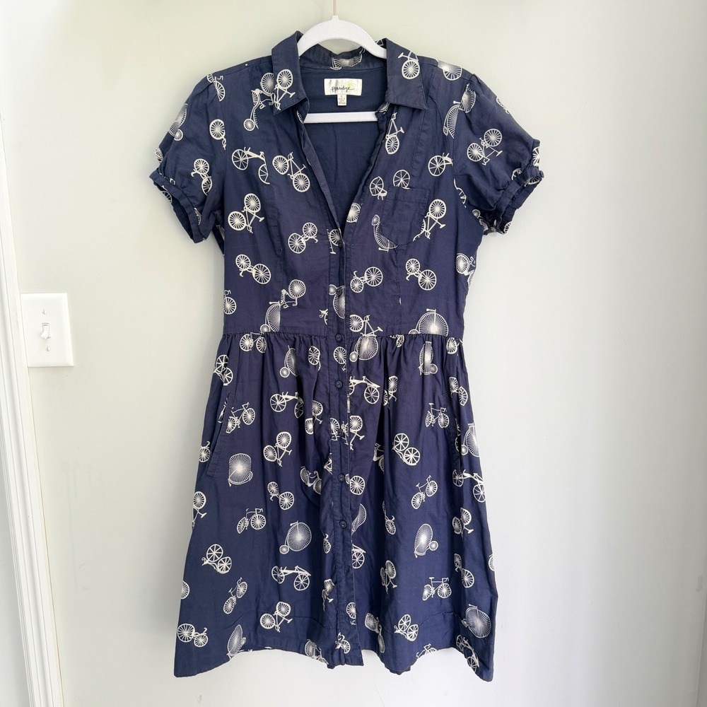Porridge Anthropologie Two-Wheeler Shirt Dress Blue Bicycle Print 100% Cotton 6